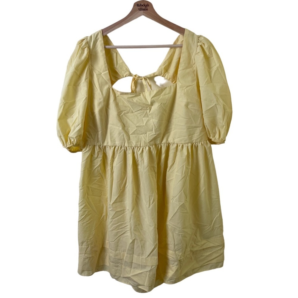 ASOS Puff Sleeve Babydoll Bow Back Mini Dress in Pastel Yellow SIZE 14